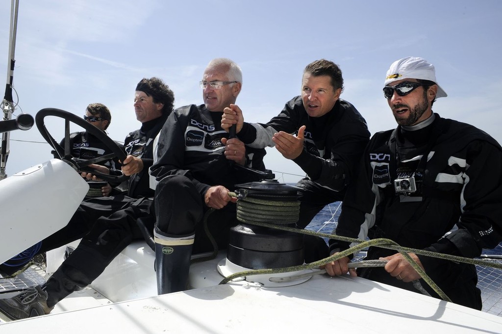 Jean Le Cam, Jacques vincent,  Alain Thebault, Yves Parlier and Luc Alphan onboard the new Hydroptere.<br />
 © Francis Demange www.hydroptere.com